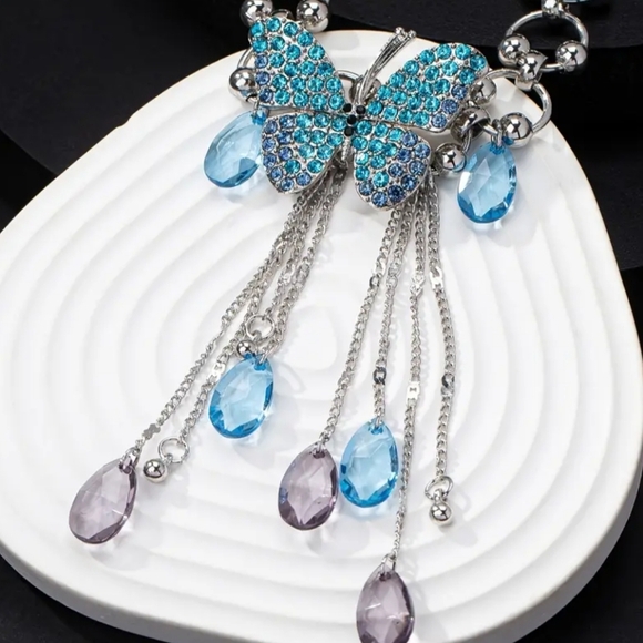 Y2K Boho Streetwear Western Silver Butterly Blue Butterfly‎ Summer Necklace - Picture 2 of 5